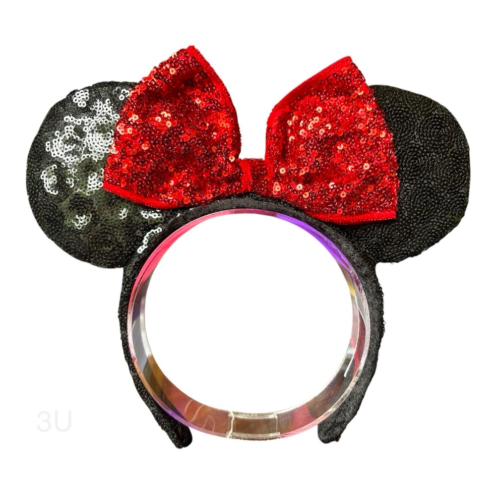 😎 Disney Parks Minnie Mouse Ears Classic Black Ears Red Sequin Bow EUC 3U